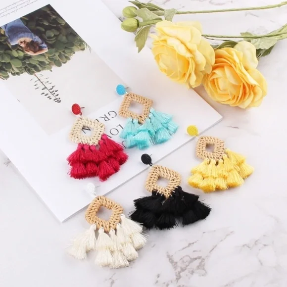 New Wooden Rattan Geometric Tassel Earrings - Picture 2 of 8